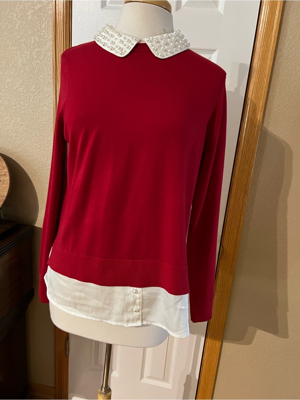 Adrianna Papell Red Sweater with Pearl-Embellished Collar
